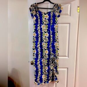 Rare Vintage Royal Creations Blue long dress ruffles on cap sleeve & slit, Med